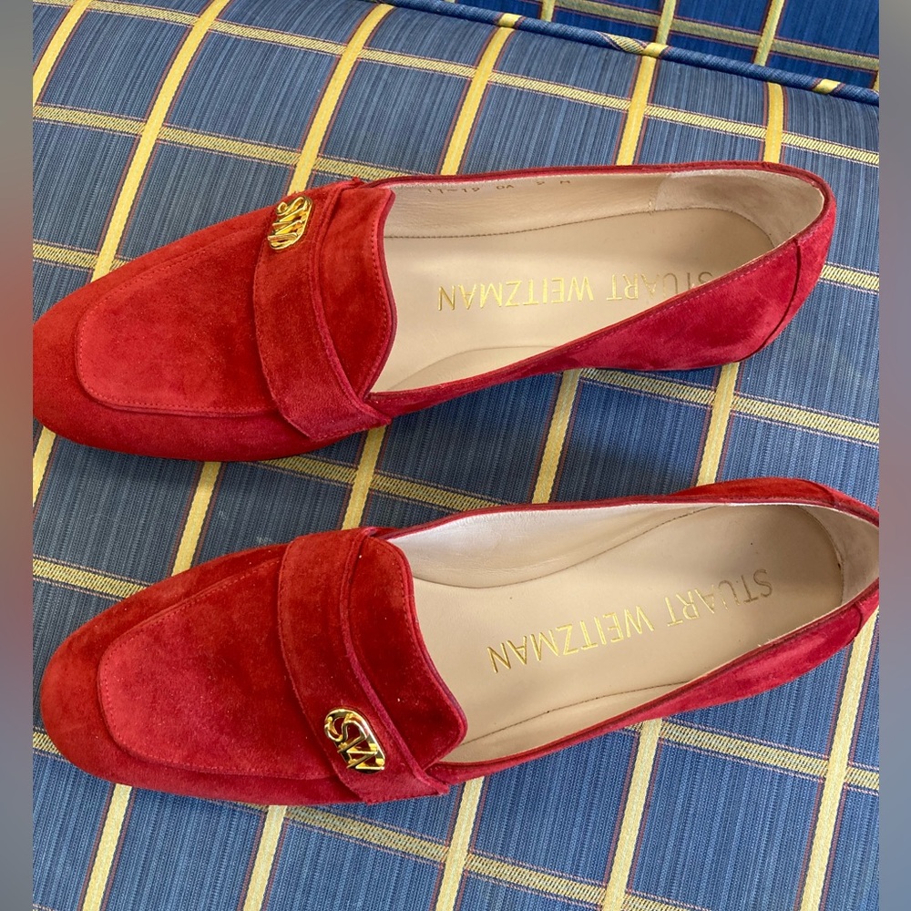 Stuart Weitzman Red Suede Loafers with Gold SW Accent - Picture 5 of 8